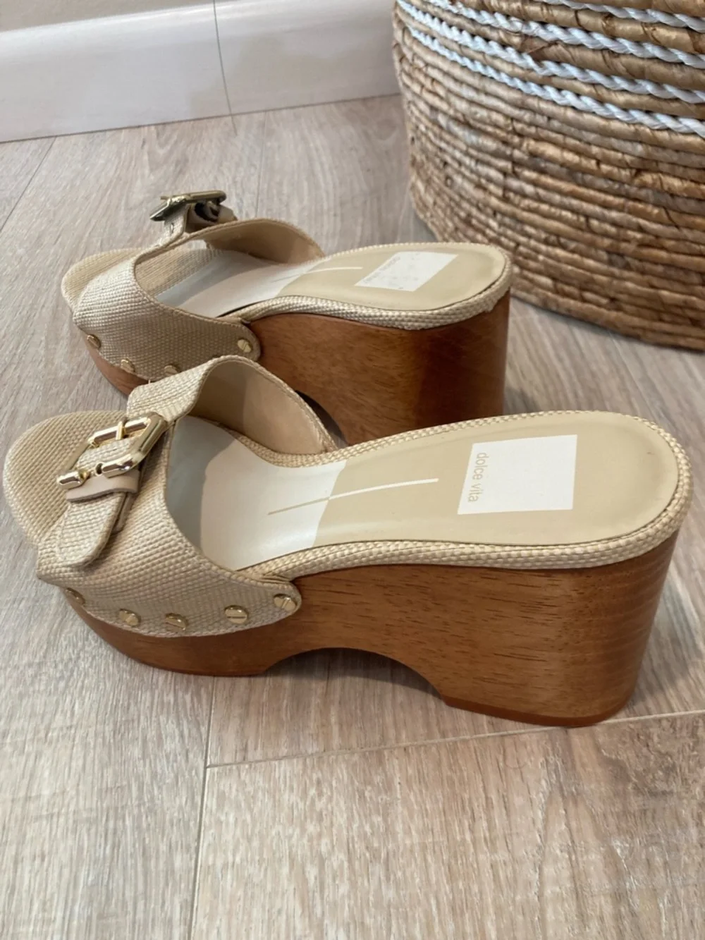 Dolce Vita Cream Platform Slide Sandals with Wood Heel